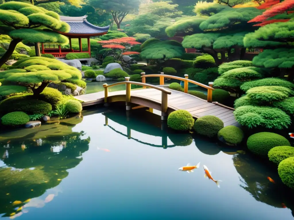 Realidad virtual para explorar paisajes asiáticos: Jardín japonés sereno con puente de madera, estanque, vegetación exuberante y peces koi coloridos