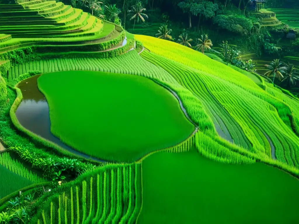 Realidad virtual para explorar paisajes asiáticos: Imagen 8k de arrozales verdes en Bali, Indonesia, con luz solar y agricultores trabajando