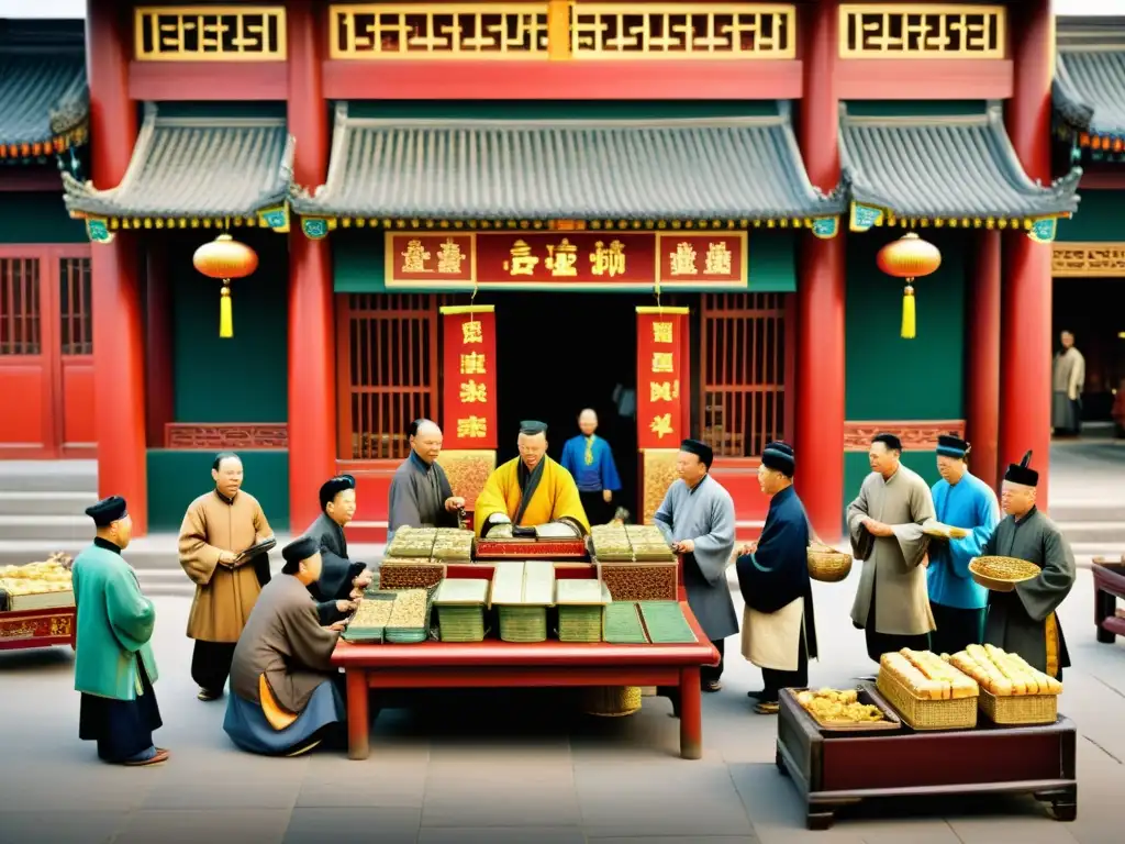 Recaudador de impuestos de la dinastía Qing en bullicioso mercado Un recaudador de impuestos de la dinastía Qing registra transacciones financieras en un bullicioso mercado
