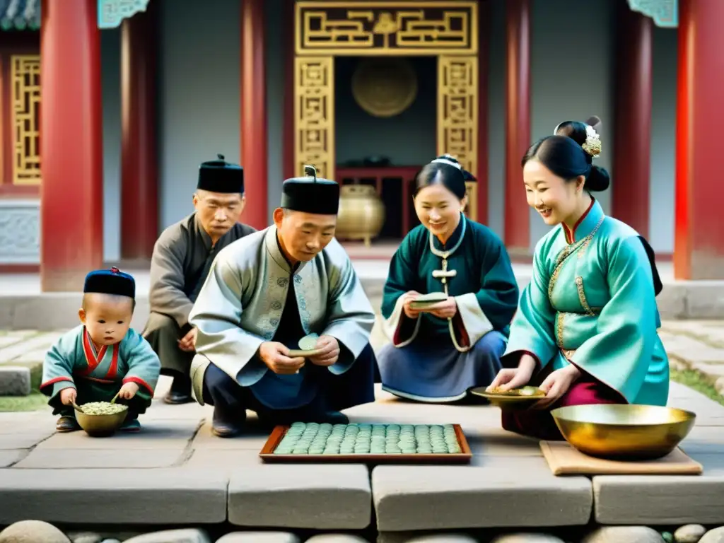 Recaudación de impuestos en la dinastía Qing: detallada escena histórica Un recaudador de impuestos de la dinastía Qing cuenta meticulosamente monedas de plata mientras es observado por aldeanos
