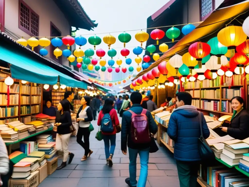Mercado callejero vibrante en el Lejano Oriente: Lectores cautivados por 'El Nombre del Viento' Recepción de El Nombre del Viento en Asia: Lectores fascinados explorando libros en un bullicioso mercado callejero con faroles tradicionales coloridos
