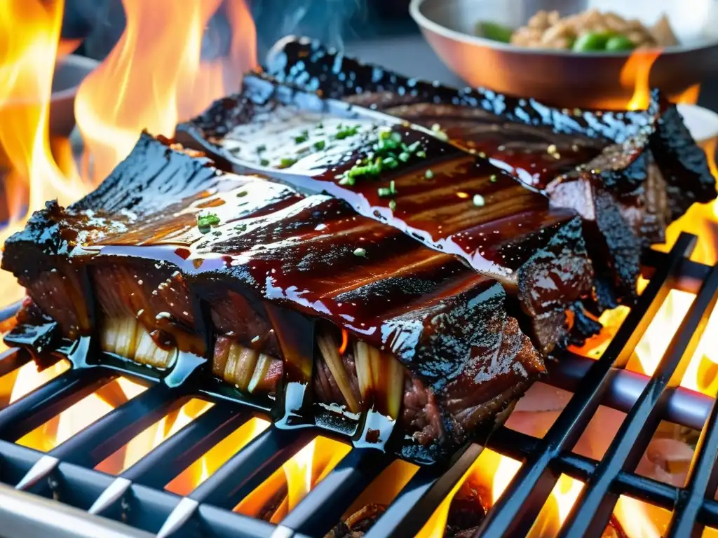 Receta tradicional galbi coreano: Costillas de res marinadas brillantes en una parrilla coreana, con el mercado bullicioso de fondo