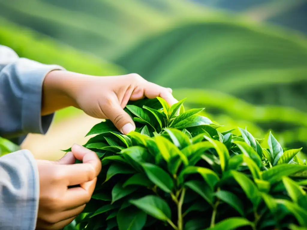 Un recolector de té experto recoge con cuidado hojas verdes en una plantación en China, mostrando la tradición y paisajes de la Ruta del té en China