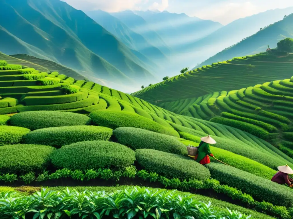 Los recolectores de té tibetanos en las colinas de Mengding, Sichuan, bajo la mirada de montañas nevadas