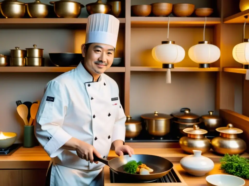 El reconocido chef Yoshihiro Murata prepara con maestría en su cocina tradicional japonesa, creando una atmósfera serena y auténtica