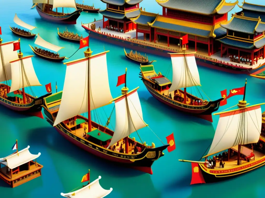 Reconstrucción detallada de la flota naval de la dinastía Ming, capturando las exploraciones marítimas de Zheng He en un bullicioso puerto histórico