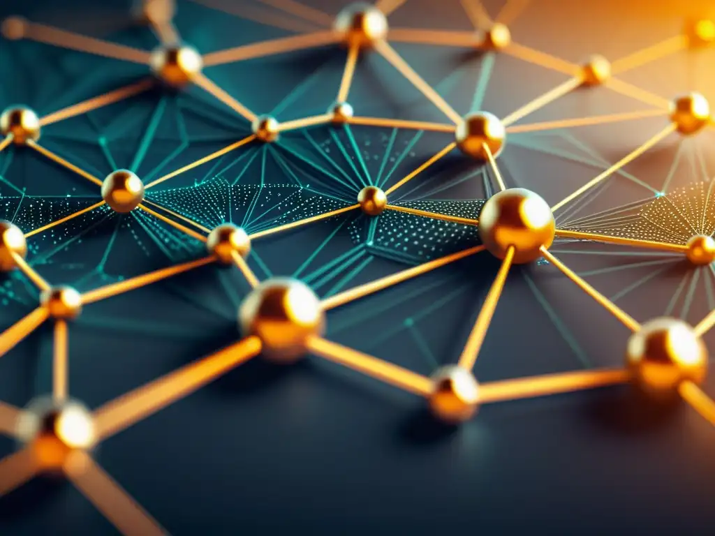 Una red intrincada de nodos y líneas representa la tecnología blockchain, con tonos cálidos y fríos que simbolizan la comunidad global de entusiastas e inversores de criptomonedas