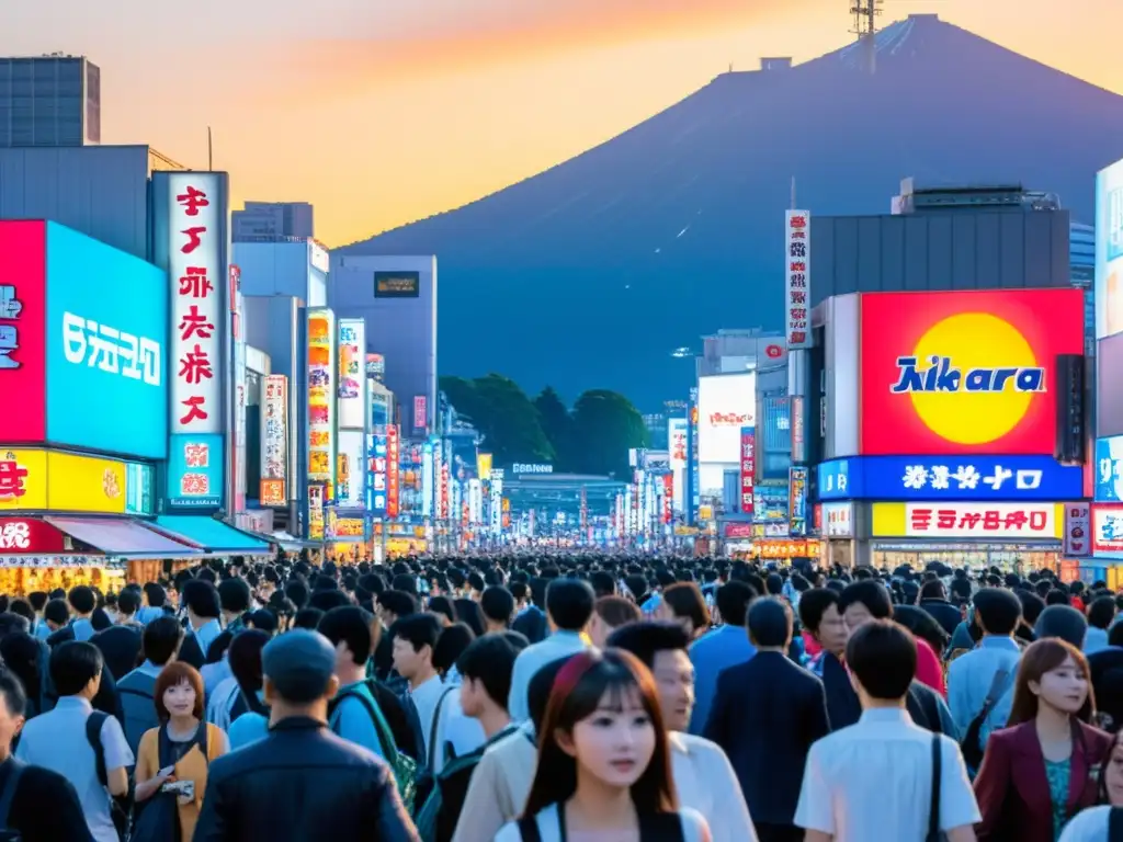 Reflejo histórico del anime japonés en el bullicioso distrito de Akihabara, Tokio, con coloridos letreros y gente vestida de cosplay al atardecer