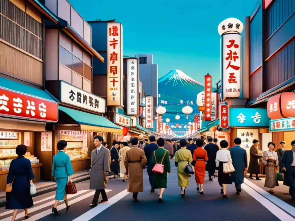 Reflejo histórico del anime japonés: imagen de una bulliciosa calle japonesa en la década de 1960, con letreros de neón y arquitectura tradicional