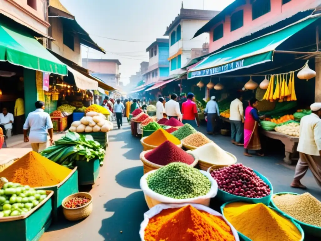 Reflejo social en películas indias: Mercado callejero indio bullicioso, colores vibrantes, gente diversa y energía cultural