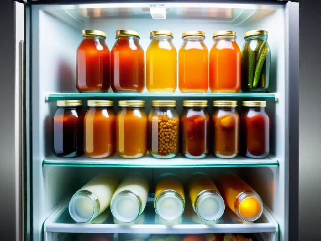 Un refrigerador tradicional coreano de kimchi repleto de frascos de pescado fermentado, con colores vibrantes y texturas