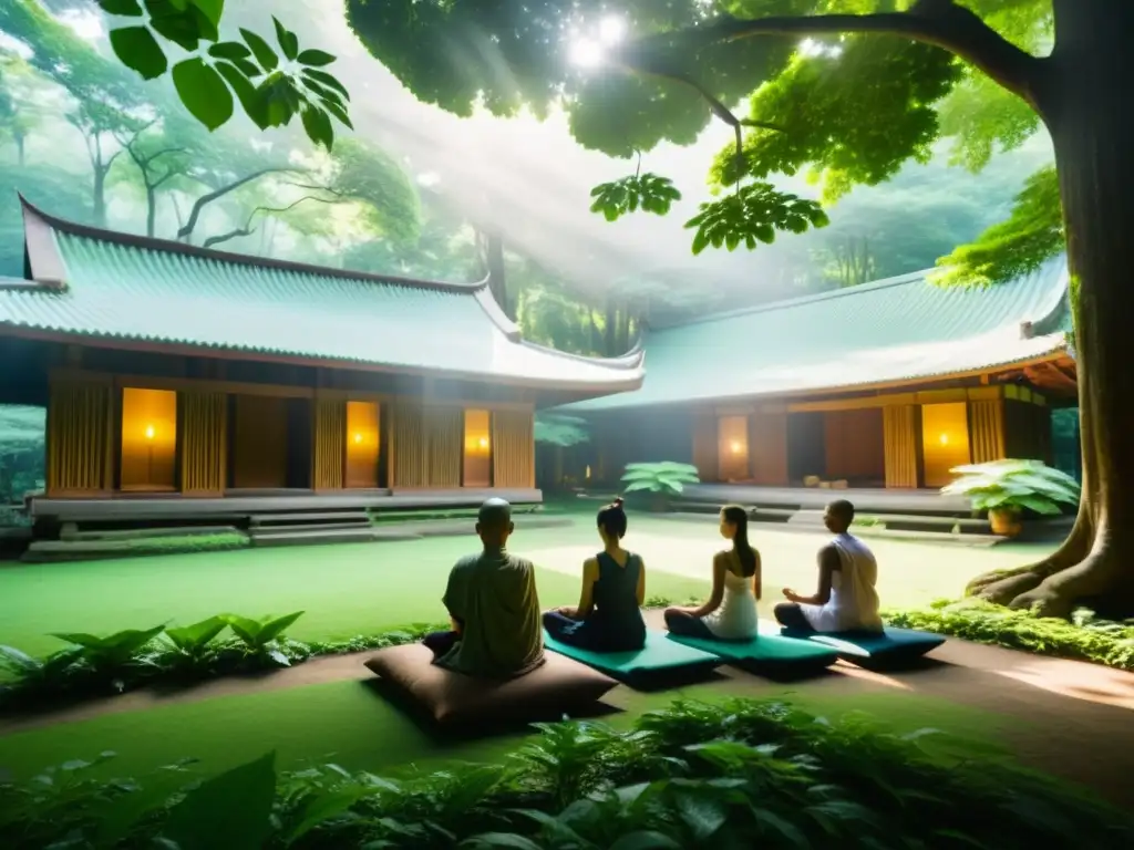 Un refugio budista espiritual en medio de un bosque verde exuberante, con personas meditando en silencio