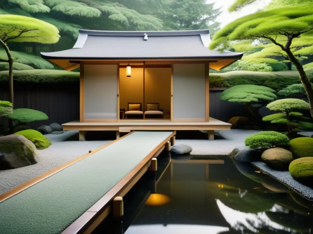 Un refugio japonés en armonía con la naturaleza, con arquitectura asiática integrada con la naturaleza, luz suave y serenidad