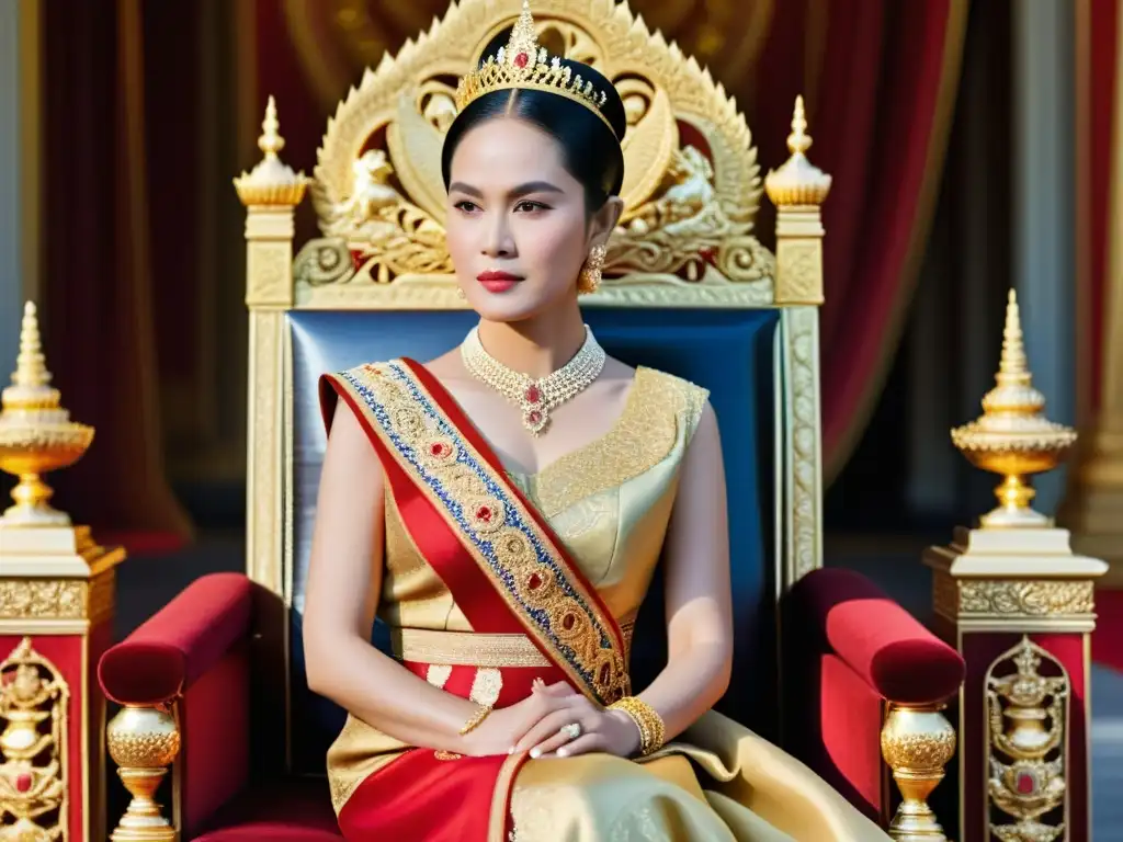 La reina Sirikit de Tailandia irradia poder y gracia en su trono dorado, representando mujeres poderosas en la historia asiática