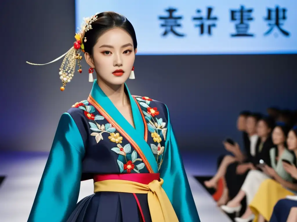 Una reinterpretación moderna del hanbok coreano, fusionando tradición y modernidad en un desfile de moda