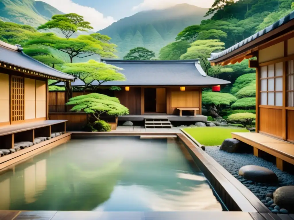 Tranquilo onsen japonés rodeado de naturaleza exuberante Un relajante onsen japonés rodeado de exuberante vegetación y estructuras de madera tradicionales, con un efecto atmosférico soñador