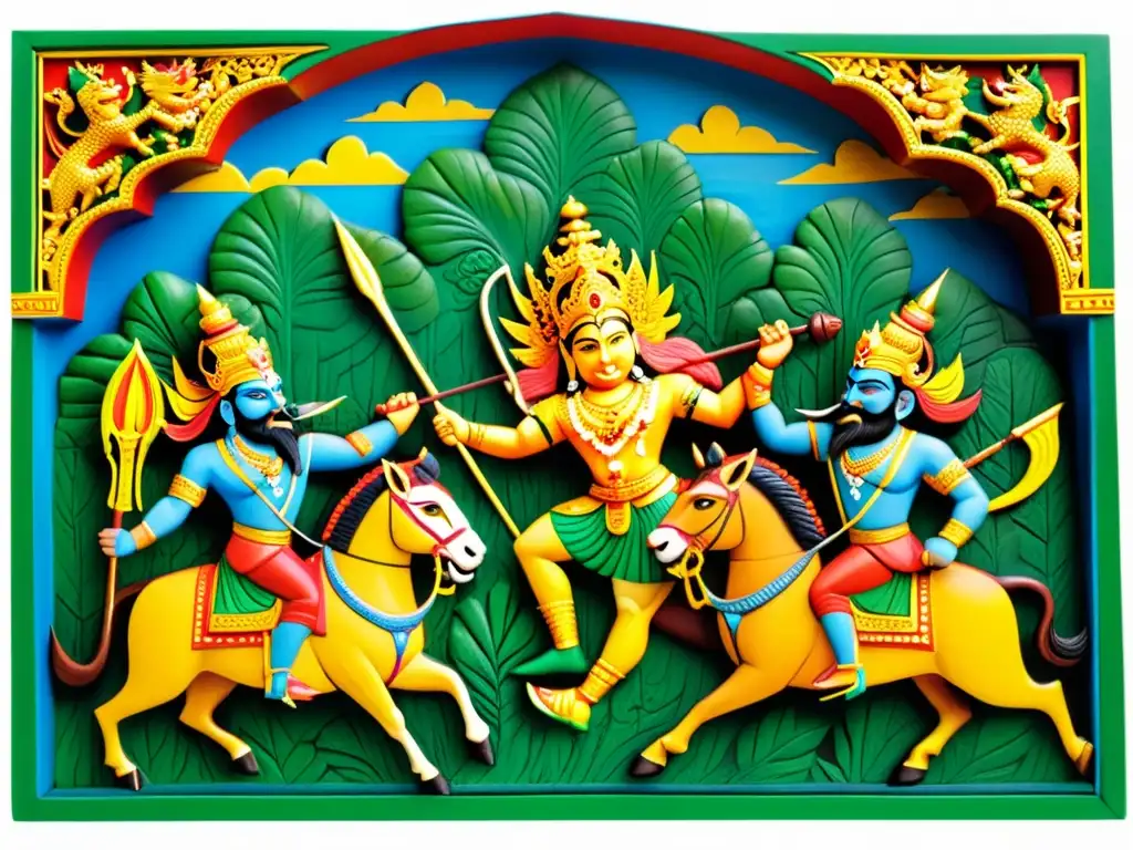 Relieve detallado del épico combate entre Rama y Ravana, con colores vibrantes y escenas llenas de valor y aventuras del Ramayana