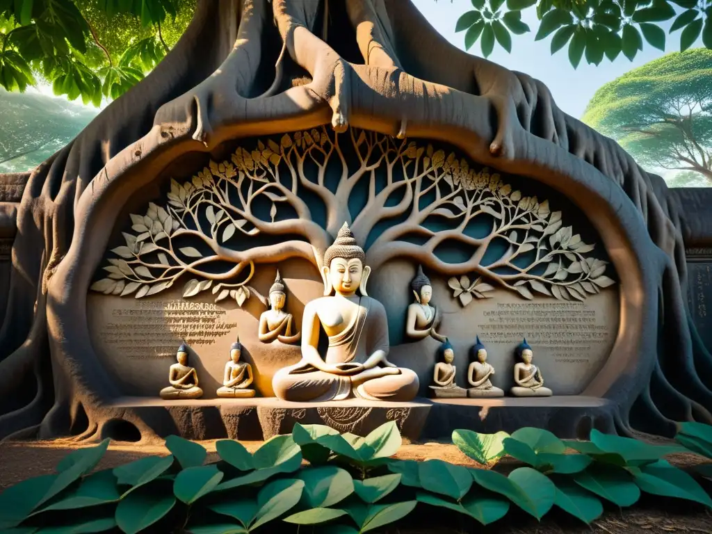 Relieve de piedra antiguo con sacerdotes meditando bajo un árbol banyan, evocando las Raíces del Pensamiento Hindú