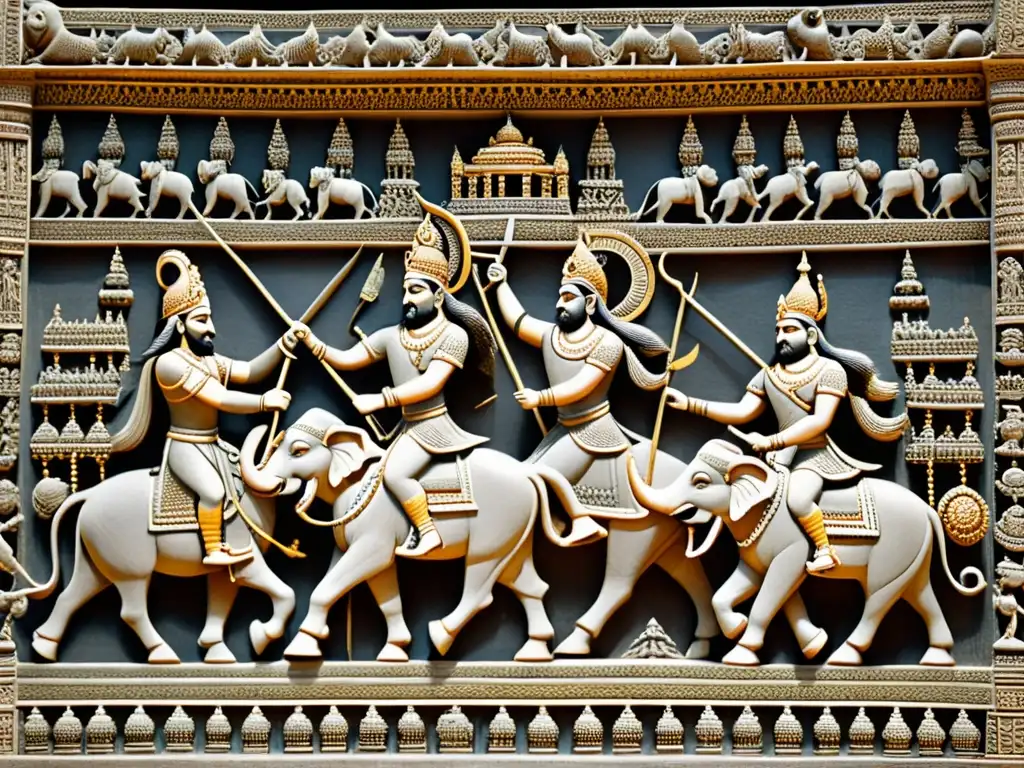 Relieve de piedra del Mahabharata, con épica batalla entre guerreros, elefantes y carros