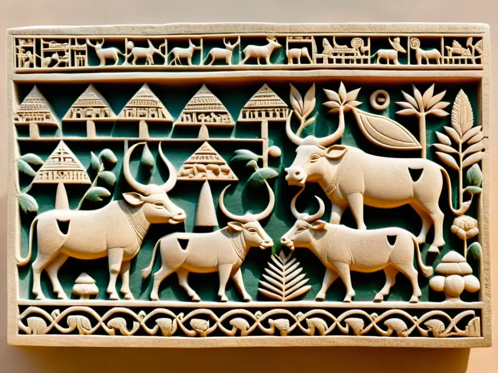 Relieve de piedra tallada del Valle del Indo mostrando animales simbólicos en procesión, evocando su significado cultural