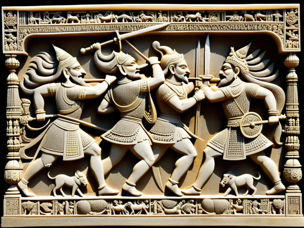 Relieve de piedra tallado con escena épica del Mahabharata, mostrando guerreros, criaturas míticas y seres divinos en combate