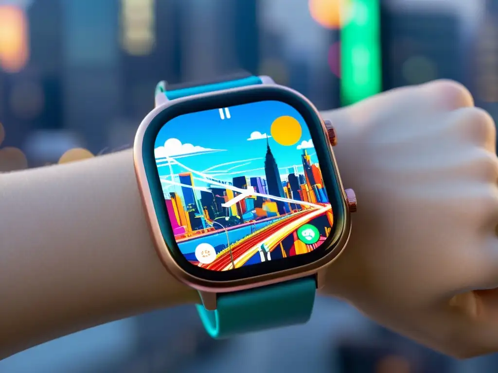 Un reloj inteligente con diseño de anime y accesorios tecnología portátil anime en un futurista paisaje urbano