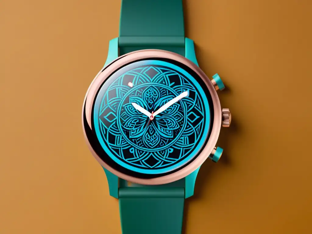 Un reloj inteligente con diseño asiático, fusionando tecnología moderna con motivos culturales antiguos, en un entorno sereno