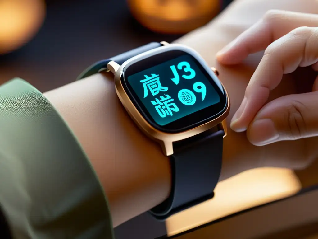 Un reloj inteligente futurista con detalles japoneses y una fusión de tradición y tecnología innovadora