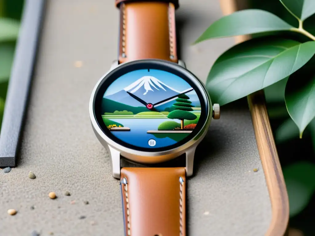 Un reloj inteligente inspirado en Zen con diseño minimalista, esfera serena y fondo de jardín japonés