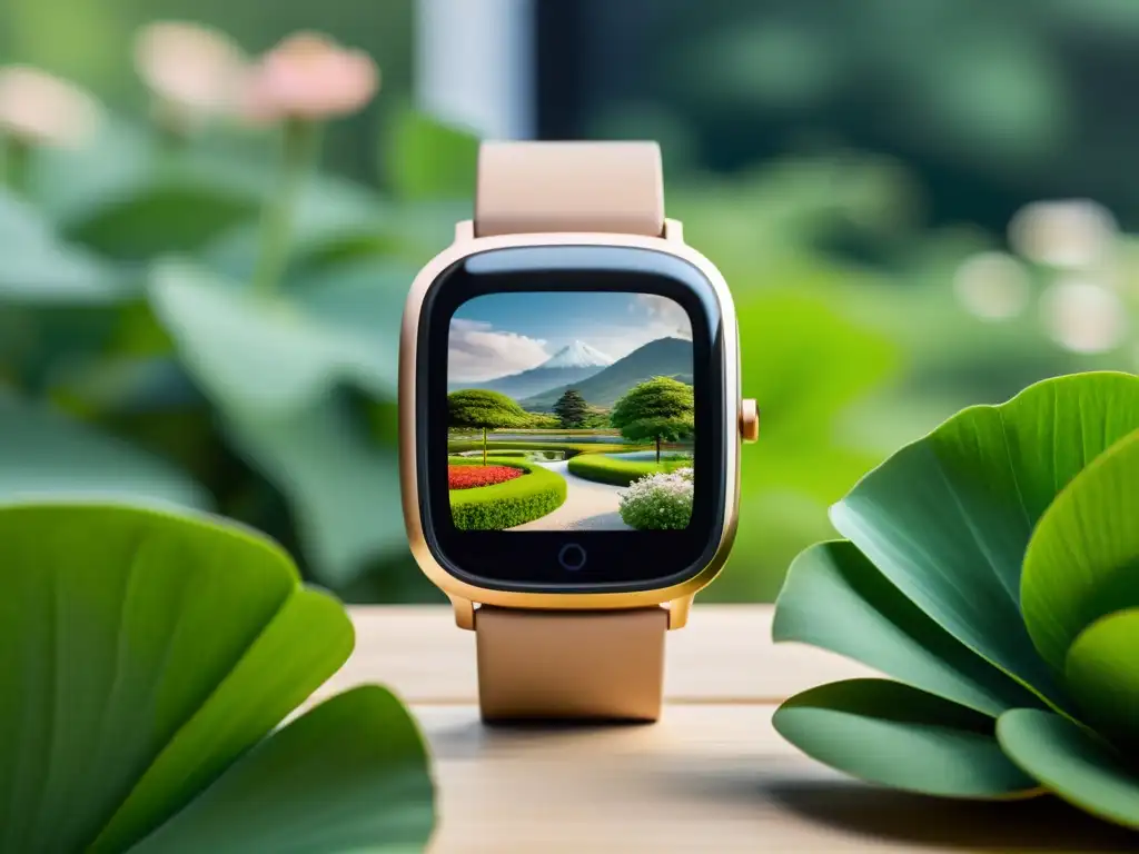 Un reloj inteligente minimalista se fusiona con la serenidad de un jardín, capturando la esencia de los relojes inteligentes inspirados en Zen