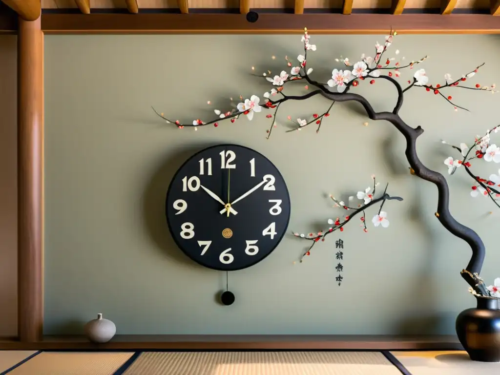 Un reloj de pared asiático con diseño meticuloso cuelga en una pared de shoji japonesa en un jardín zen sereno