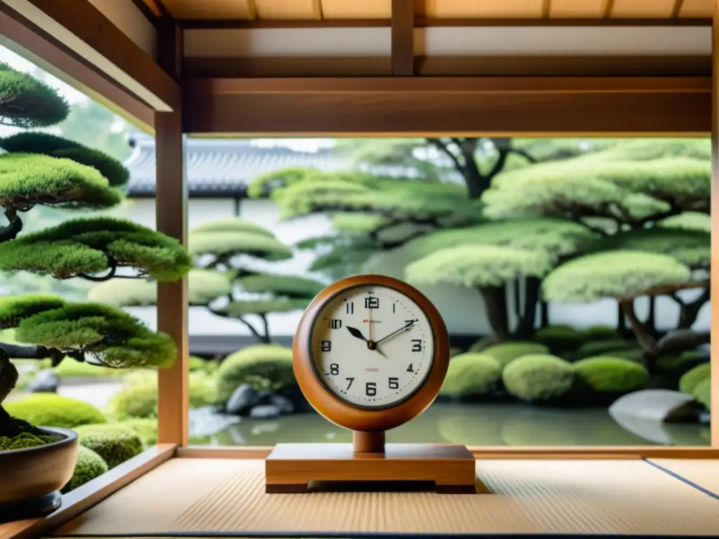 Un reloj de pared asiático de diseño minimalista en madera, frente a un jardín japonés sereno con bonsáis y un arroyo