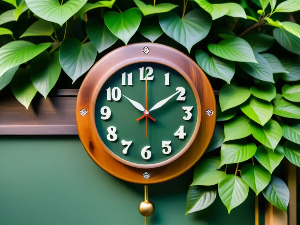 Un reloj de pared asiático de madera finamente tallada en un sereno jardín zen con cascada y exuberante vegetación, bañado por la suave luz del sol