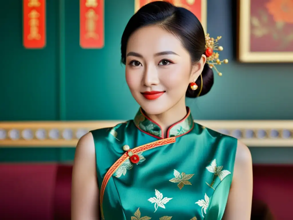 El renacimiento del Cheongsam como icono: una moderna mujer asiática lleva con confianza un elegante Cheongsam, simbolizando empoderamiento y orgullo