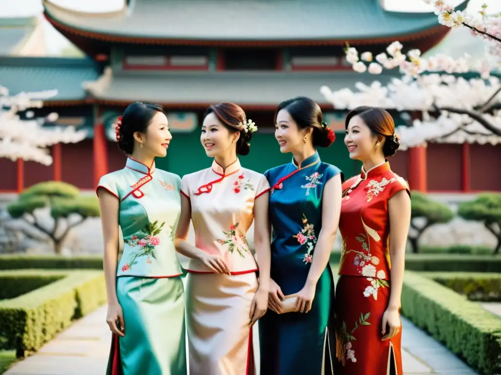 Renacimiento del Cheongsam como icono: Mujeres vistiendo coloridos cheongsams, posando en un jardín chino con delicadas flores de cerezo en flor