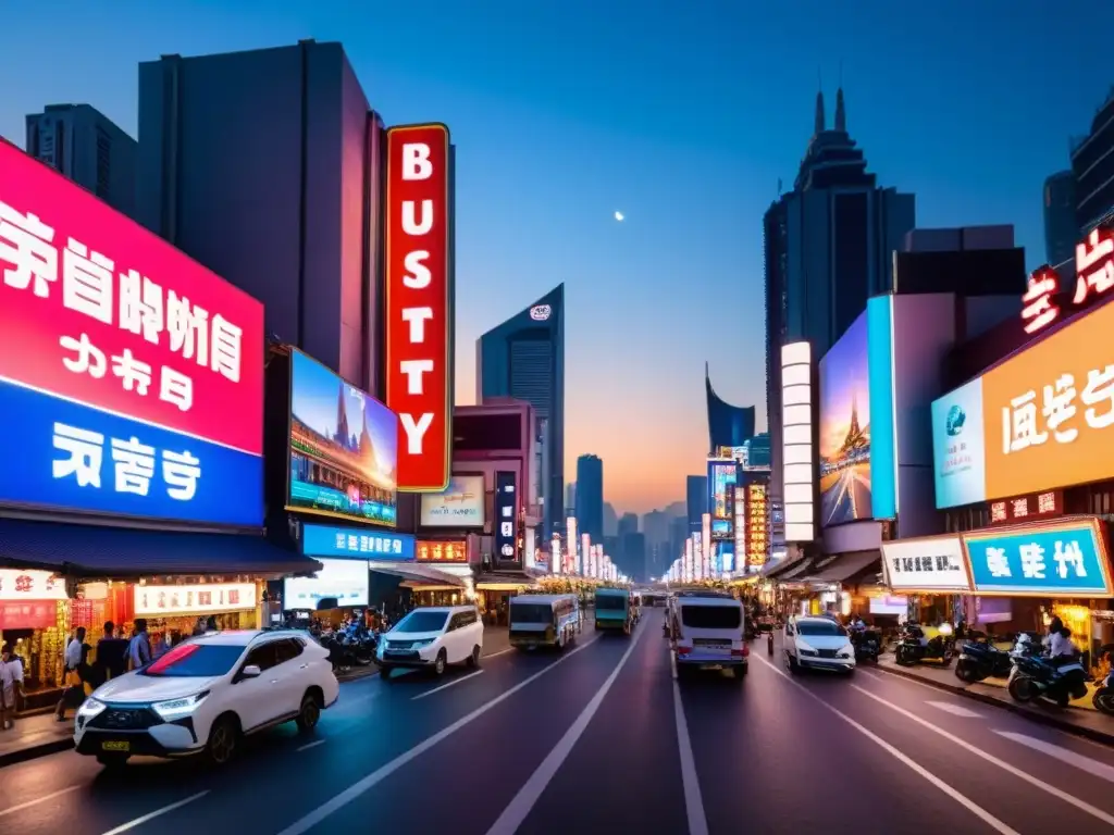 El Renacimiento del cine asiático cobra vida en una bulliciosa calle de la ciudad, con efectos visuales y neones iluminando el cielo nocturno