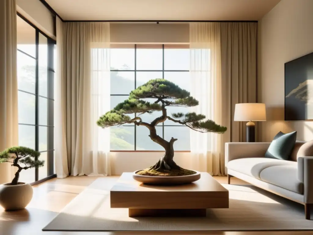 Renacimiento del Feng Shui en el mundo: Habitación serena con decoración minimalista, luz natural y árbol bonsái