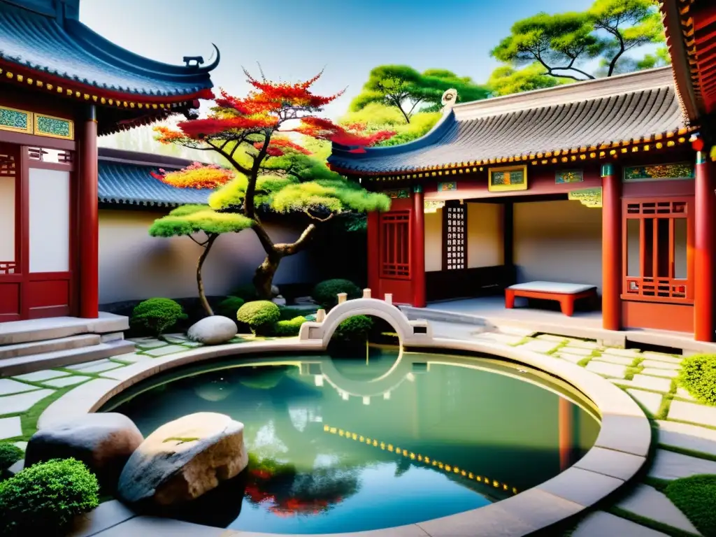 Renacimiento del Feng Shui en el mundo: Patio chino tradicional con jardín paisajístico, estanque tranquilo y elementos arquitectónicos clásicos