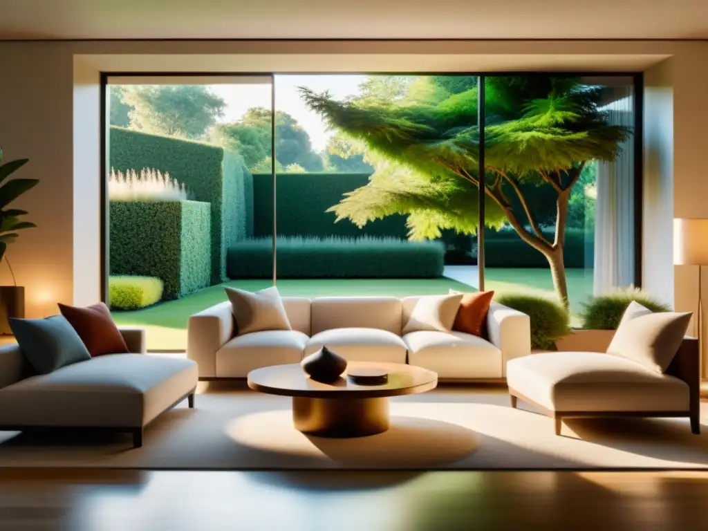 Renacimiento del Feng Shui en el mundo: Sala de estar minimalista con equilibrio y armonía, ventana que ilumina un jardín sereno