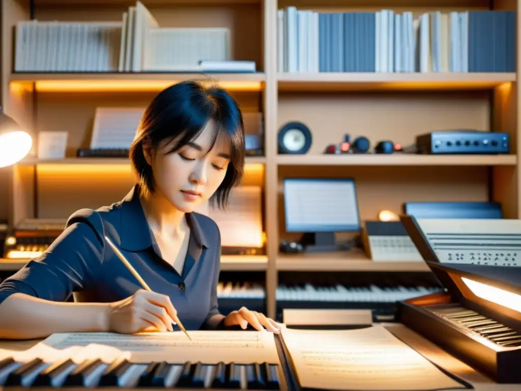 La renombrada compositora de anime Yoko Kanno trabaja con pasión en su estudio, rodeada de instrumentos y partituras