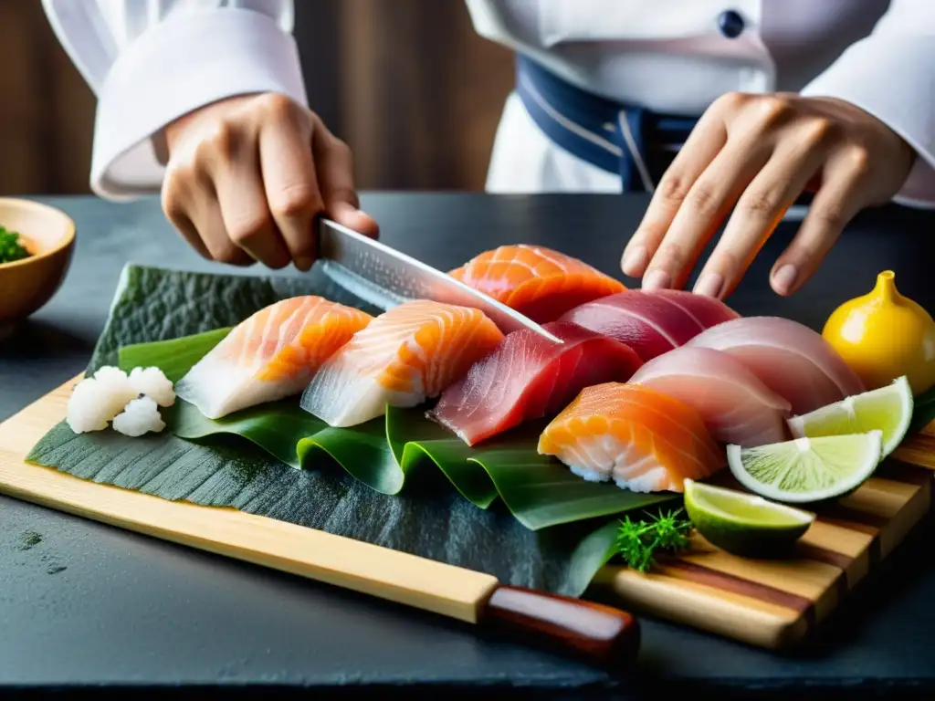 Un renombrado chef asiático corta meticulosamente sashimi fresco, mostrando su destreza y pasión