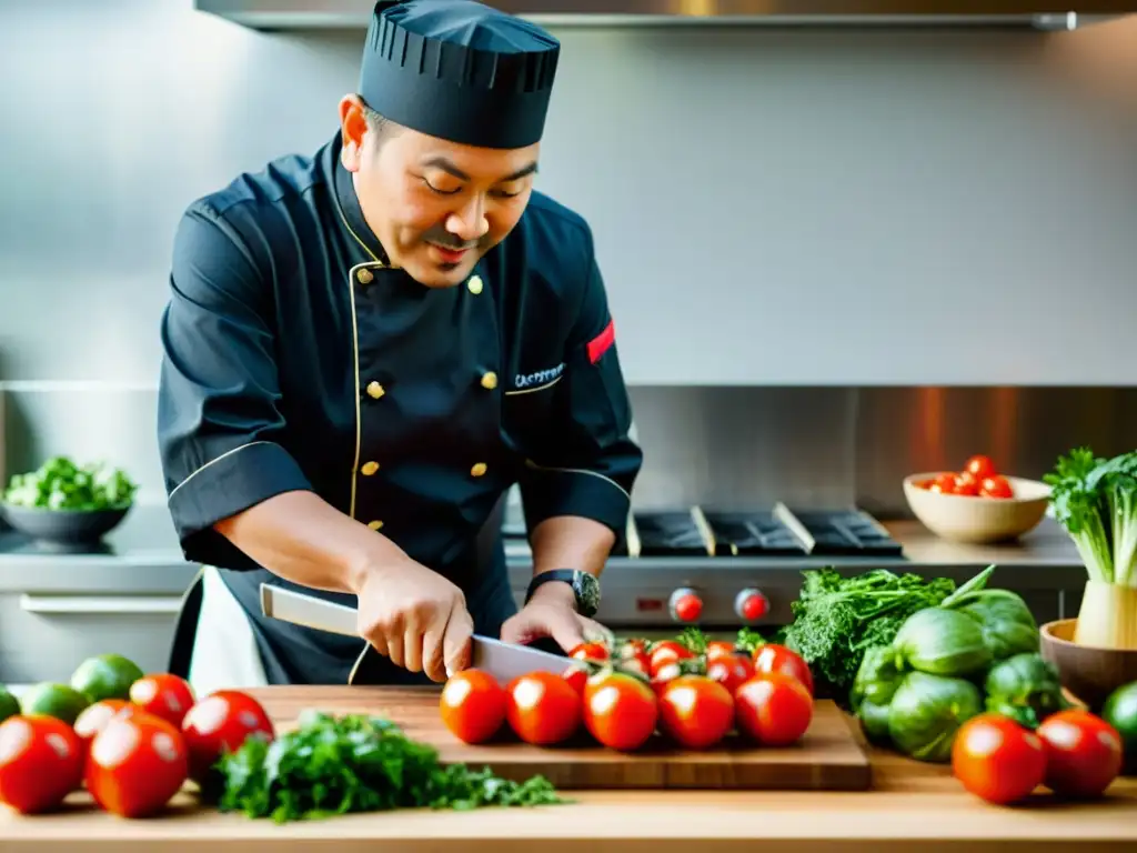 Un renombrado chef asiático corta hábilmente ingredientes frescos, mostrando innovación y tradición en la cocina asiática