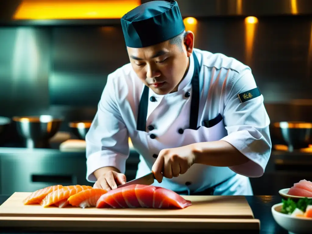 Un renombrado chef asiático experto cortando sashimi con precisión