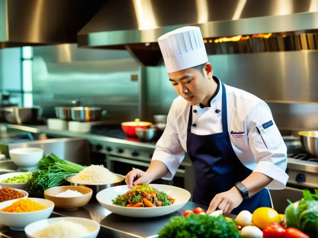 Un renombrado chef asiático prepara con maestría un plato tradicional en una bulliciosa cocina, rodeado de ingredientes frescos y coloridos