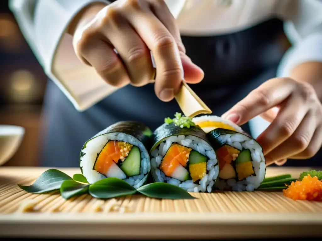 Un renombrado chef celebridad asiático experto en la elaboración de sushi con precisión y maestría en un elegante y moderno escenario de cocina