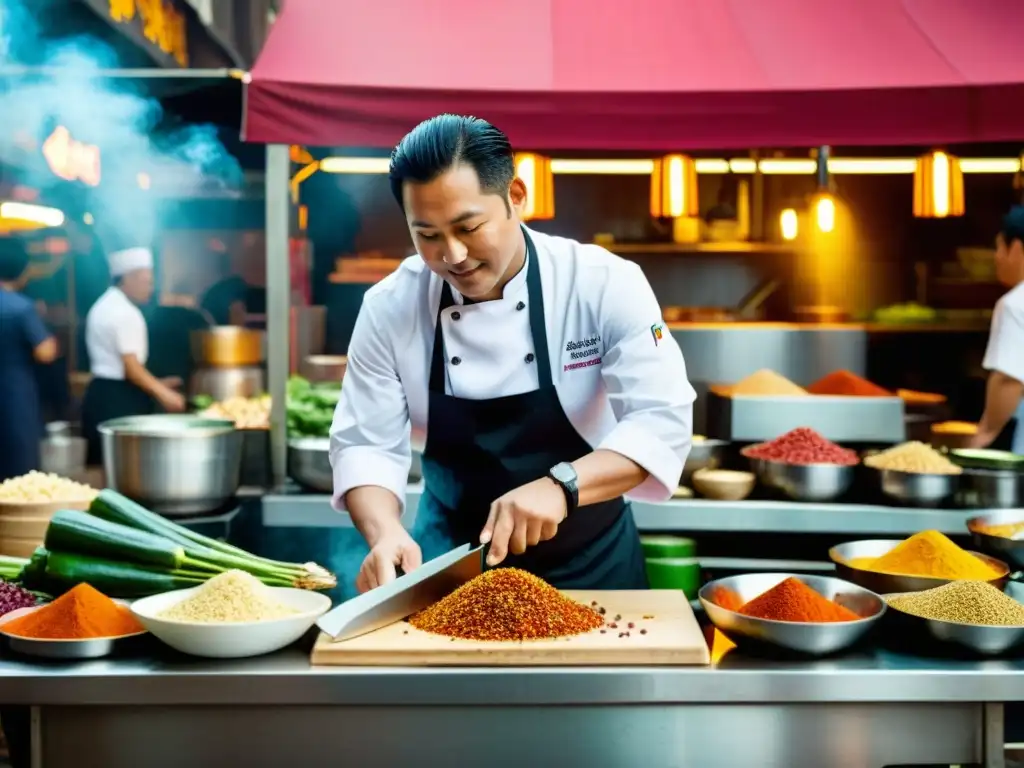 Un renombrado chef celebridad asiático prepara hábilmente un plato tradicional en un vibrante mercado asiático