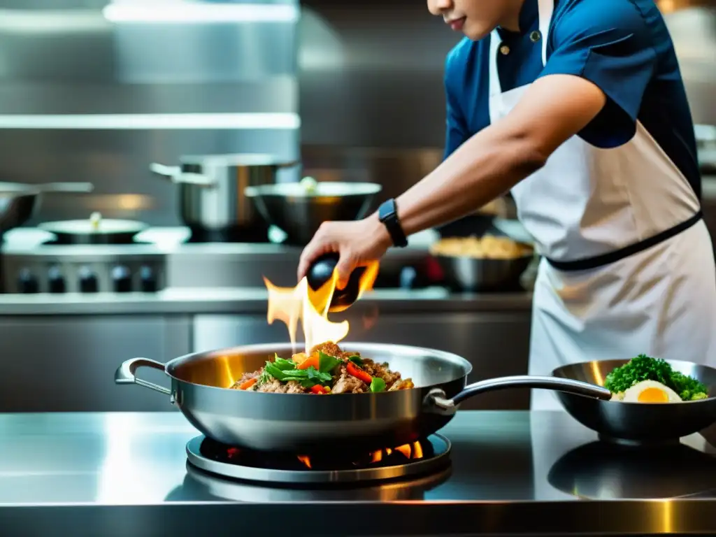 El renombrado Chef Chan Yan Tak, tres estrellas Michelin, prepara con maestría un plato chino en una cocina moderna y elegante, mostrando su destreza culinaria