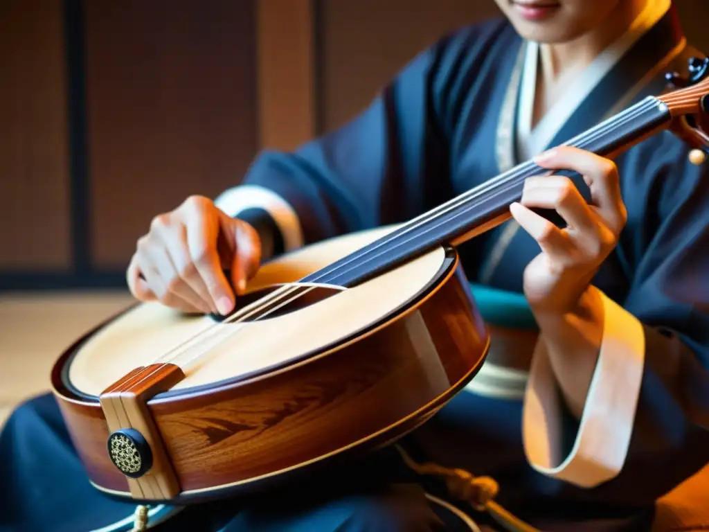 Un renombrado músico japonés interpreta con pasión el shamisen, mostrando la técnica y significado de este icónico instrumento