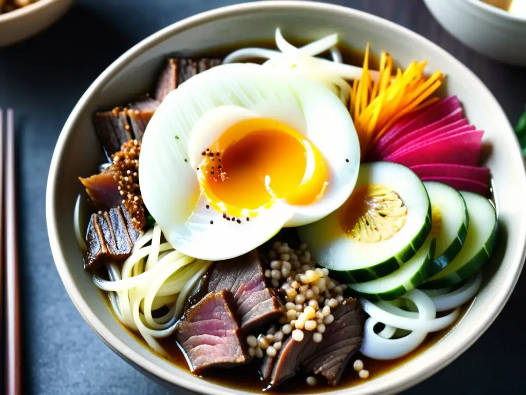 Una representación detallada de un tazón de naengmyeon, fideos fríos verano coreano, con ingredientes frescos y texturas vibrantes