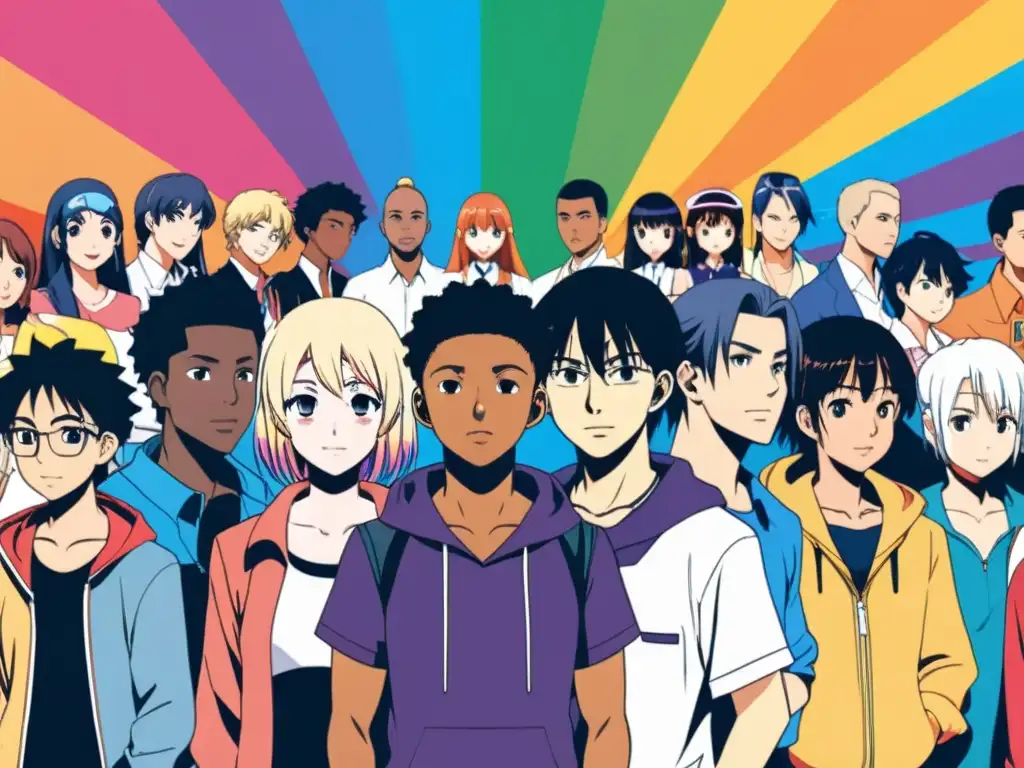 Una representación diversa de personajes LGBT en el anime, socializando y mostrando afecto en un ambiente auténtico y respetuoso